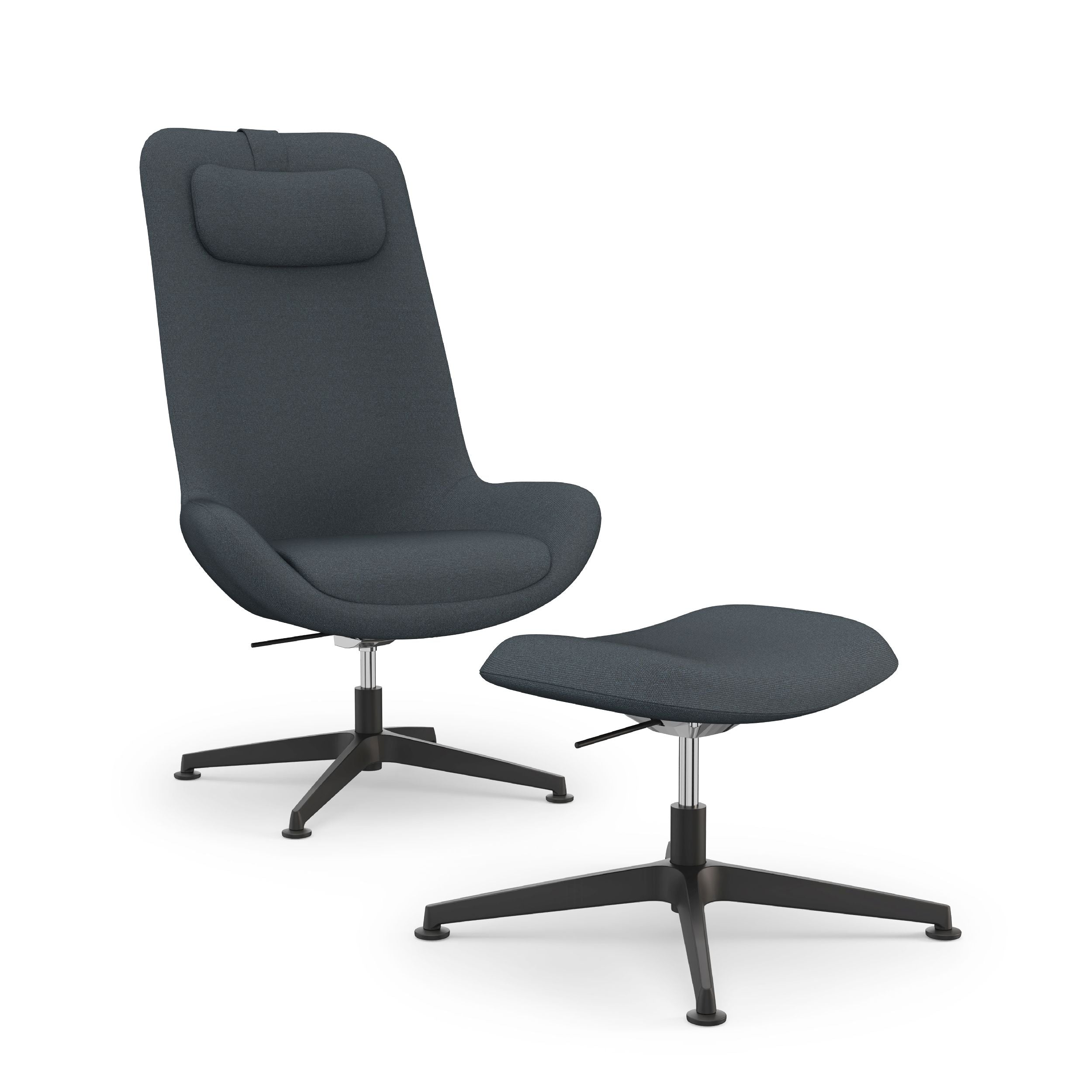 Jools Lounge chair with ottoman with matt black base and gabriel softnext 1301 fabric