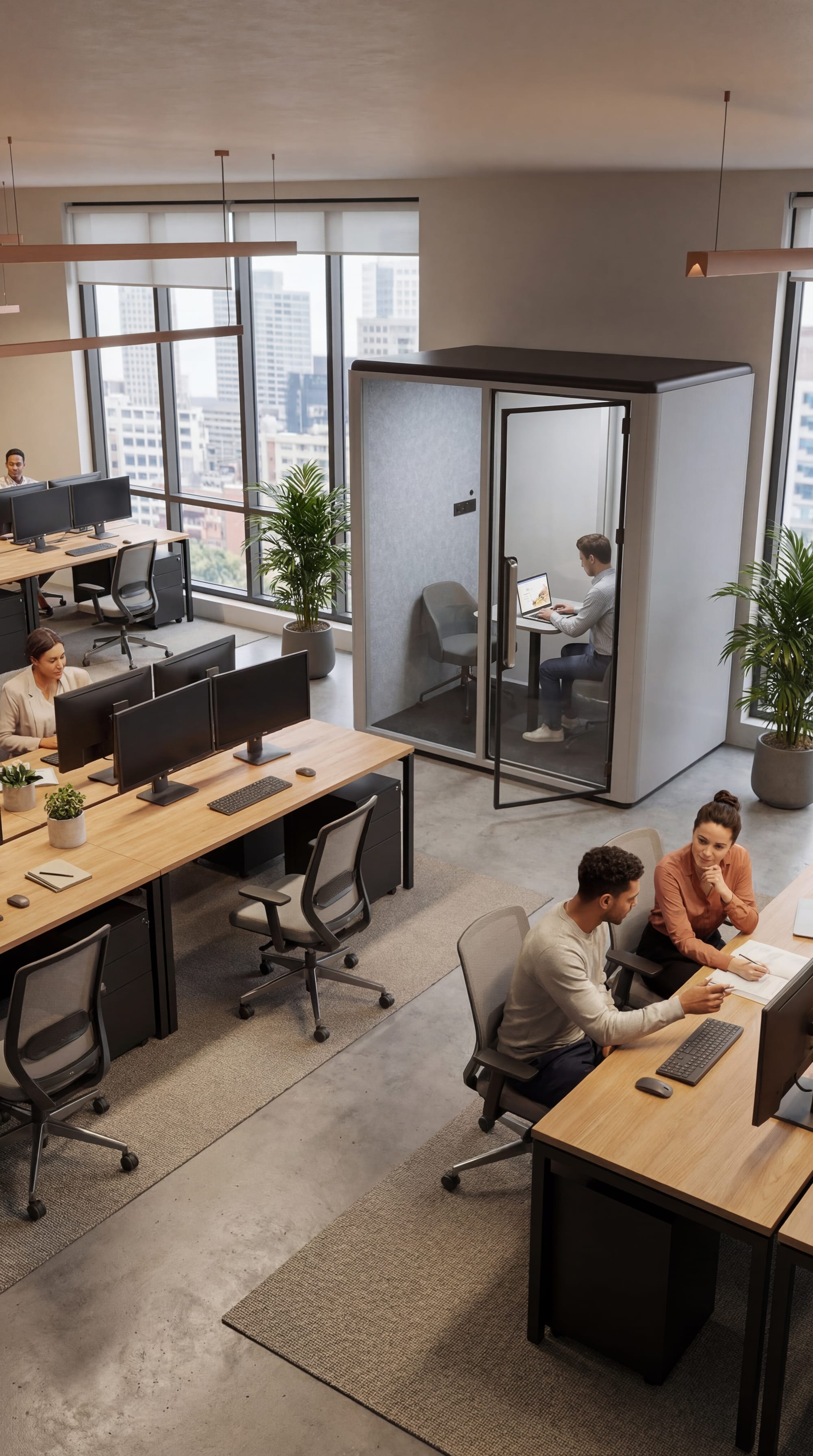 office layout with bench desking acoustic pod mesh chairs and monitor arms