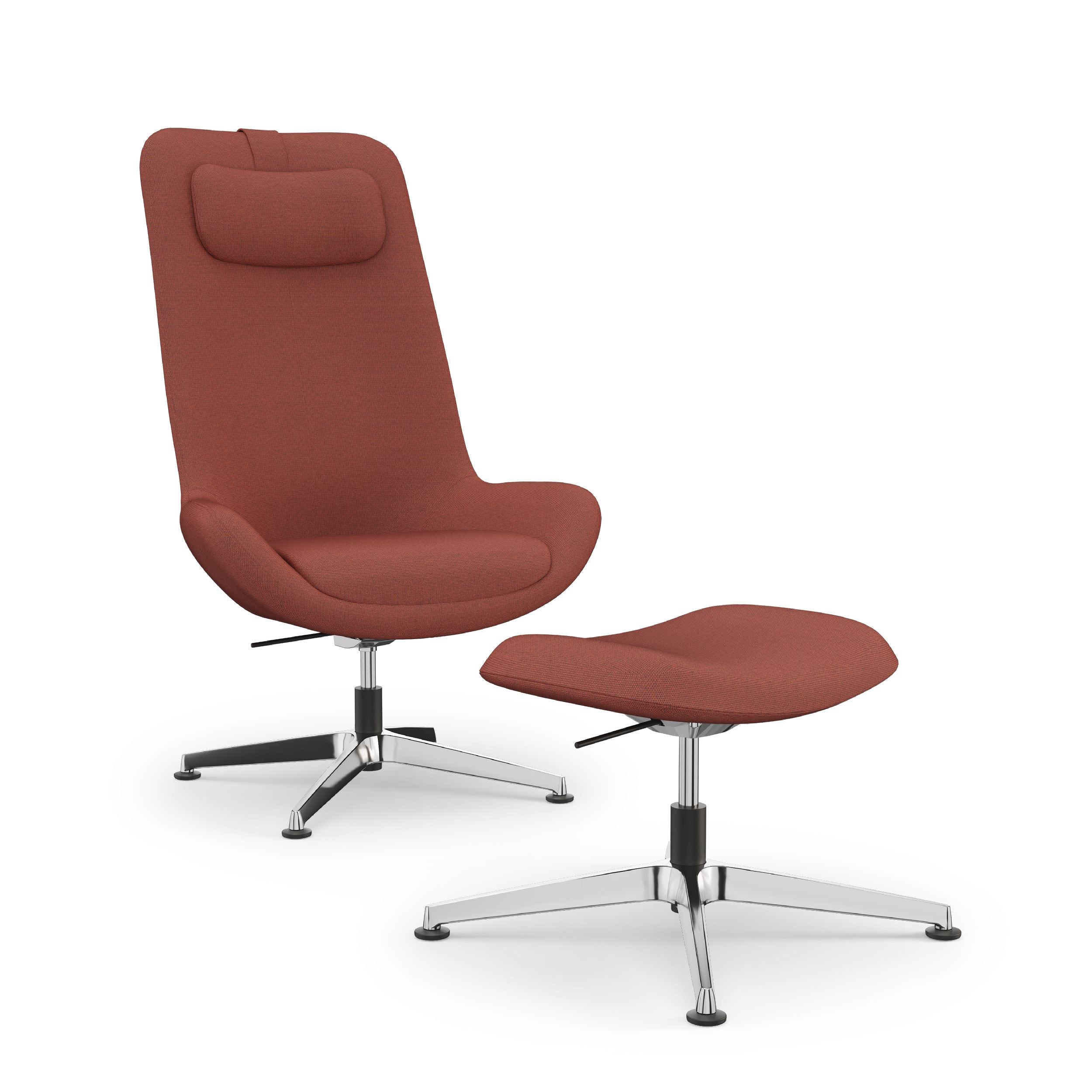 Jools Lounge chair with ottoman with Polished Aluminium base and gabriel softnext 2101 fabric