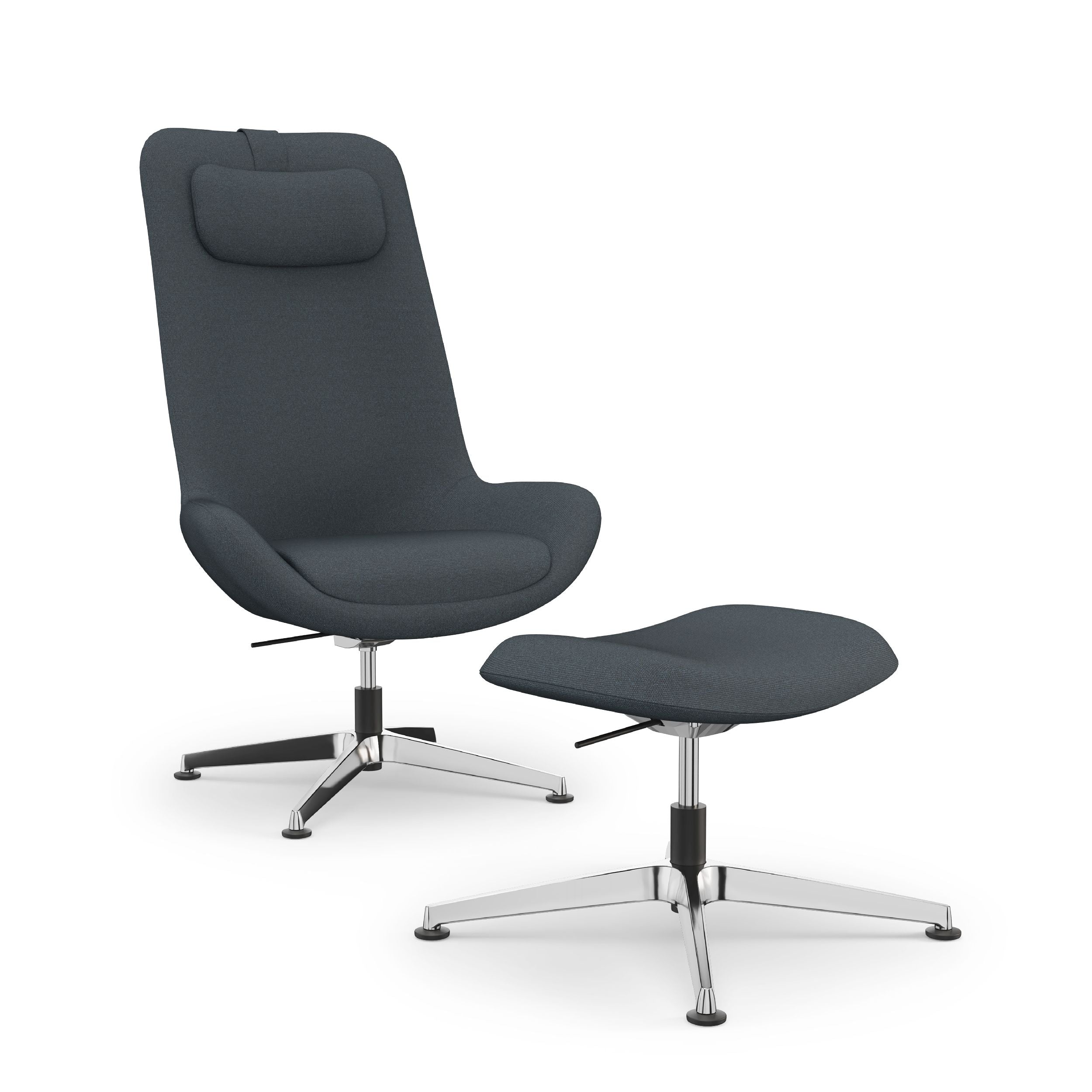 Jools Lounge chair with ottoman with Polished Aluminium base and gabriel softnext 1301 fabric