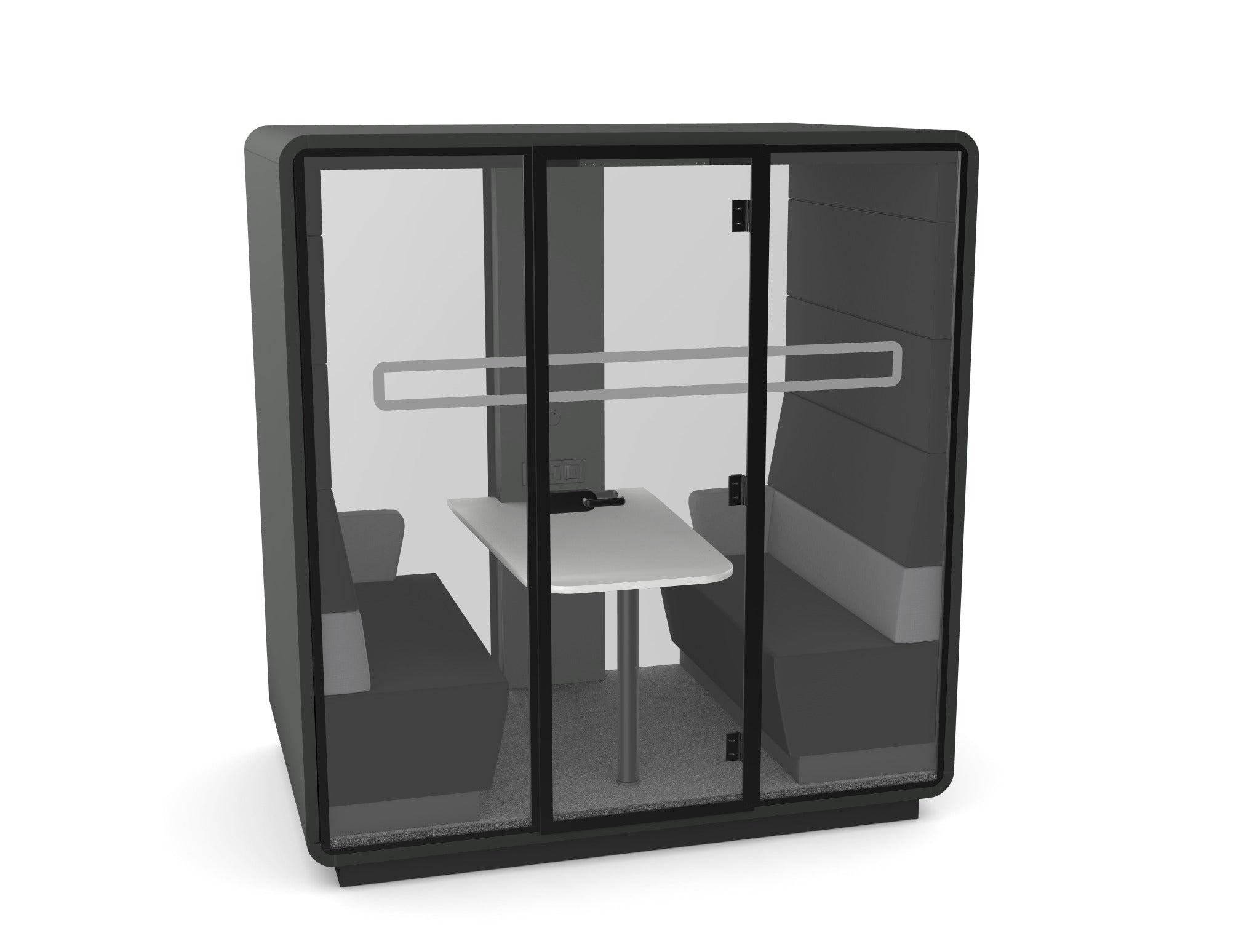 hush meet pod finished in cosmo grey shell and upholstery with black and grey fabric