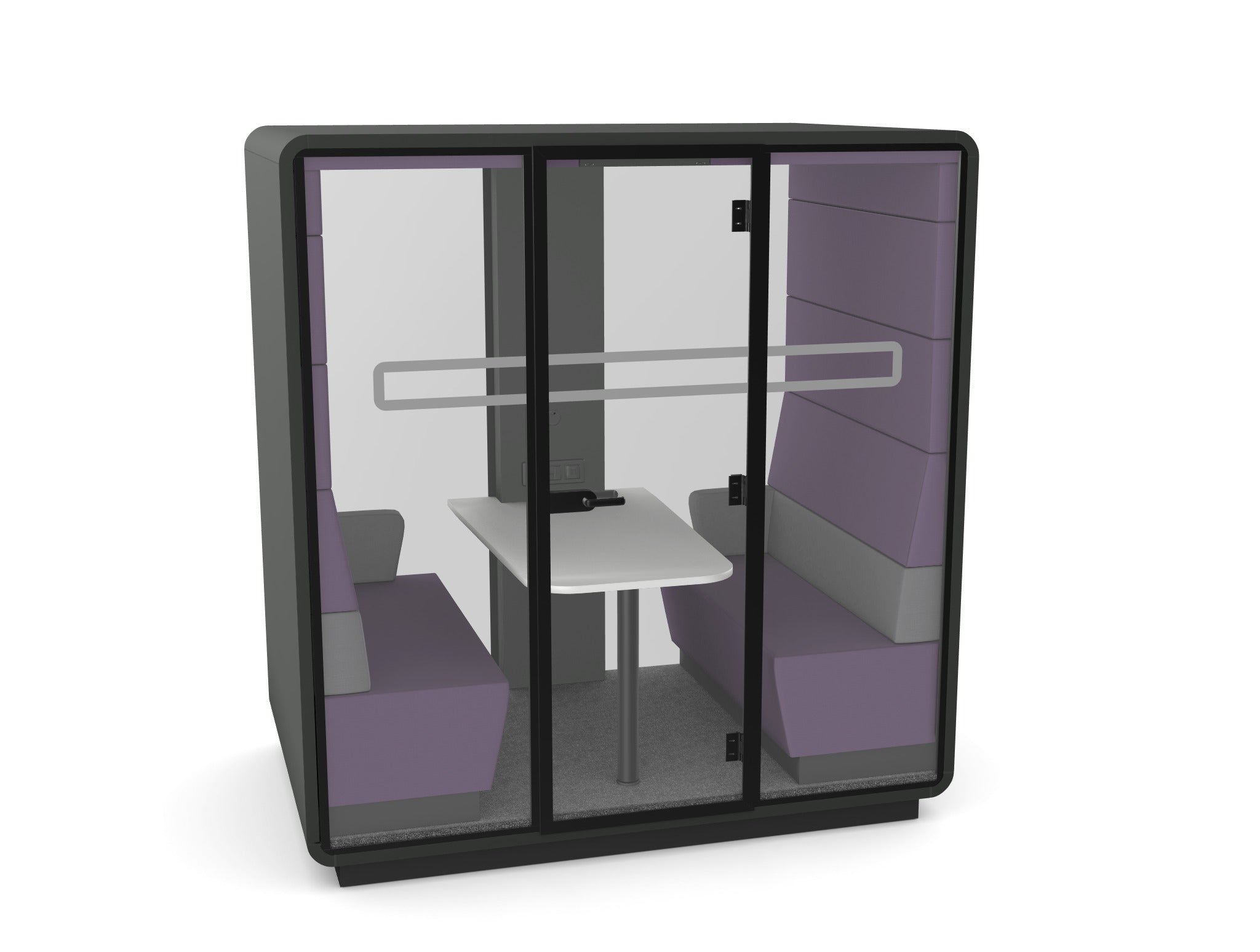 hush meet pod finished with violet and grey abrics 