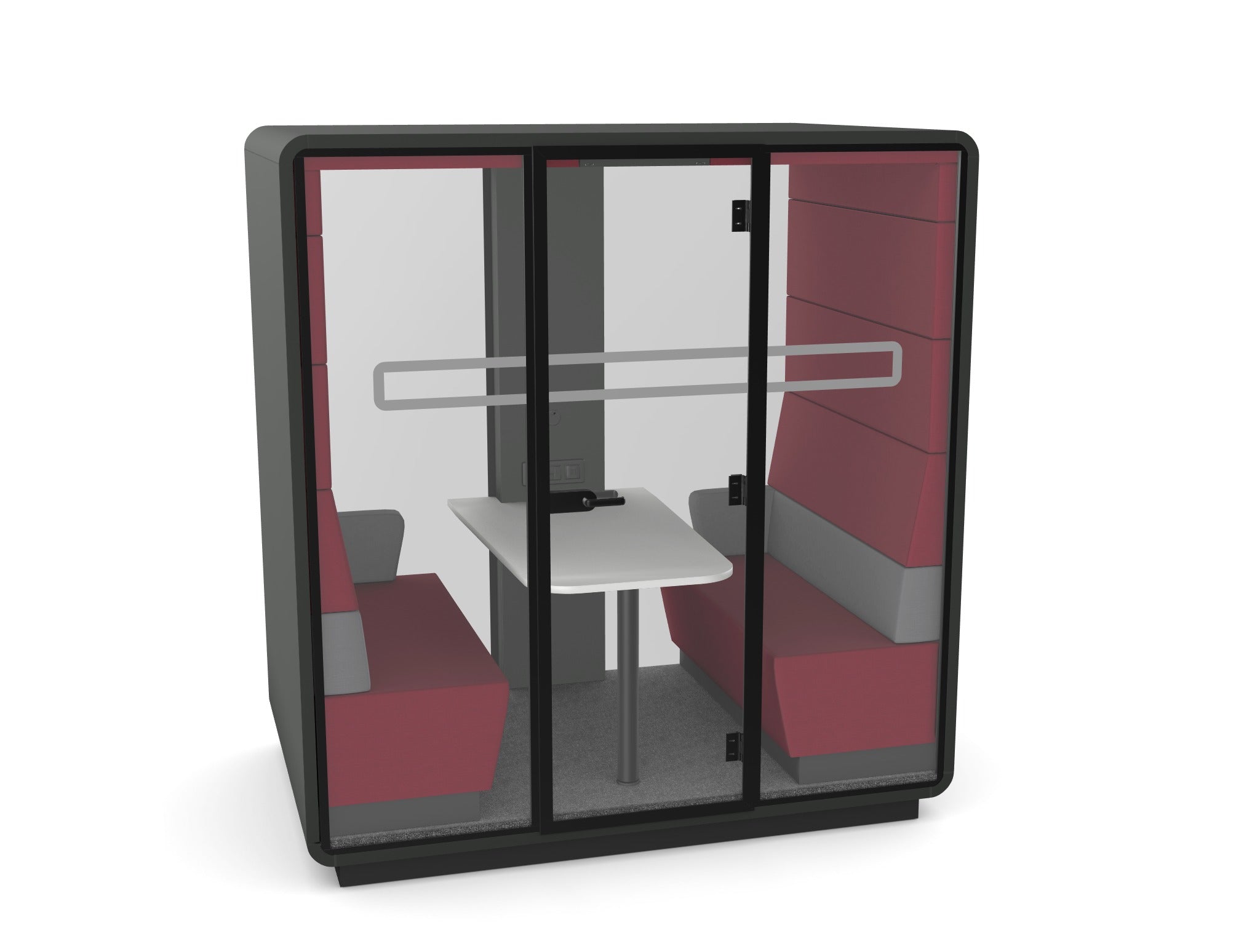 Hush meet pod with red fabric upholstery and grey lumbar 