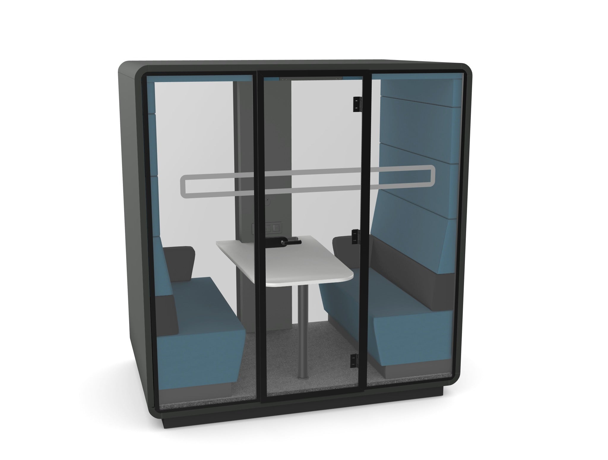 hush meeting pod with light blue fabric and black lumbar cushion & armrest