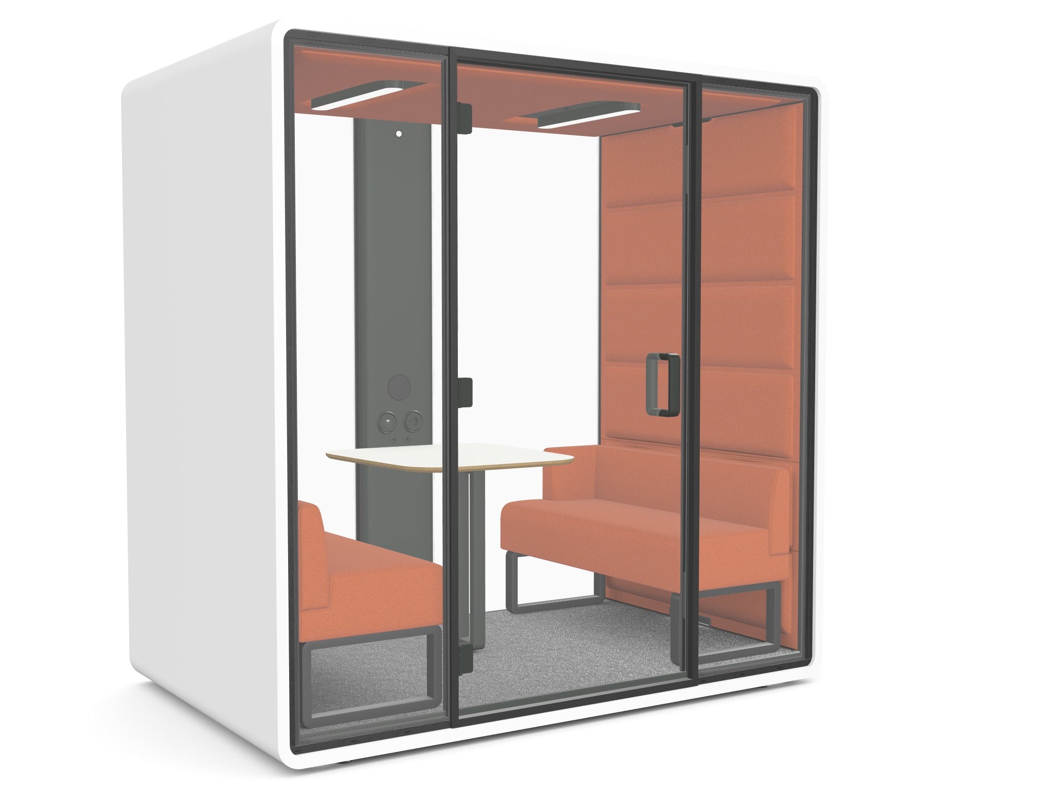 Hush Free M With Orange upholstery and seating with white table and hush assist control panel