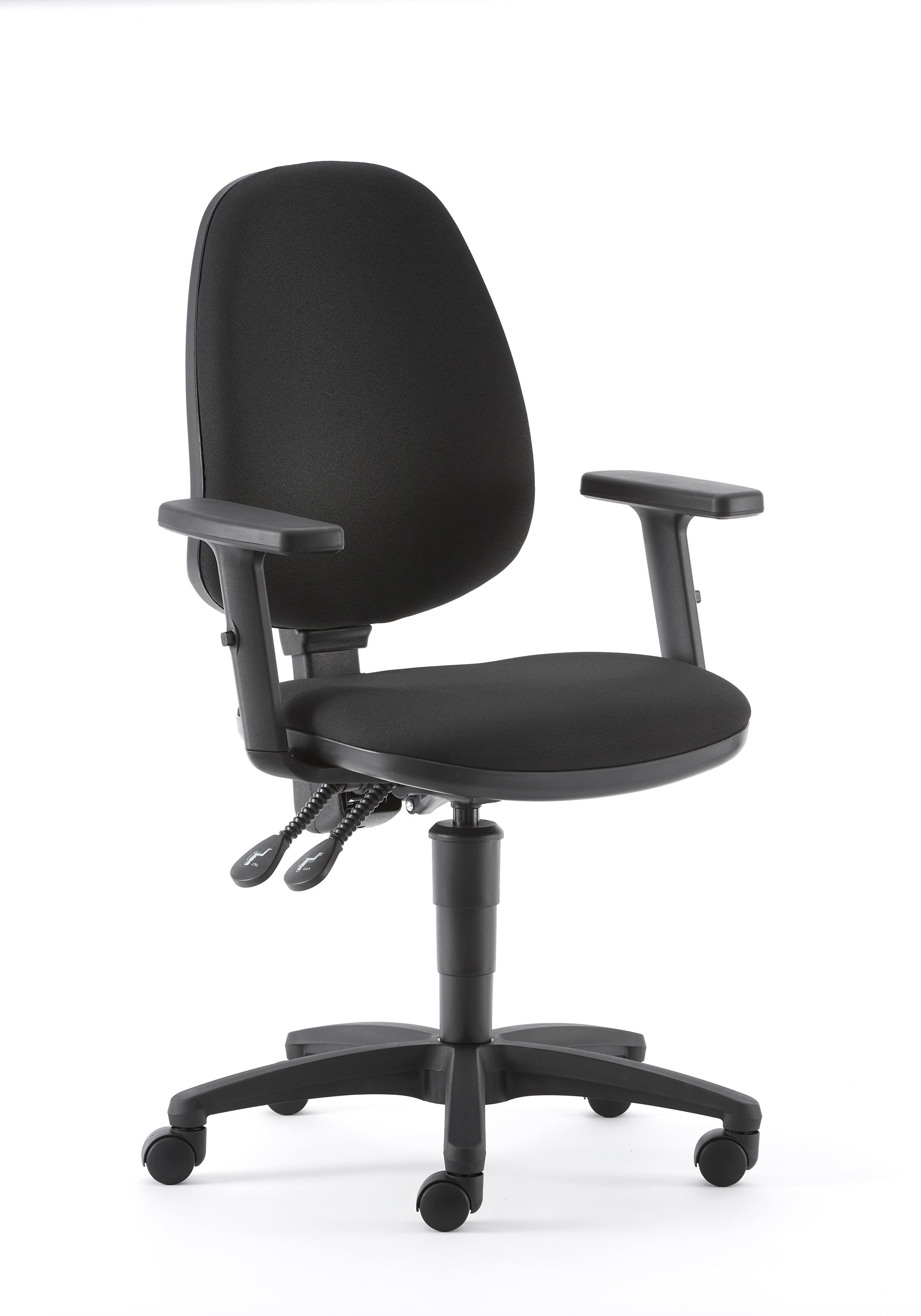 Black swift task office chair with adjustable arms on a white background