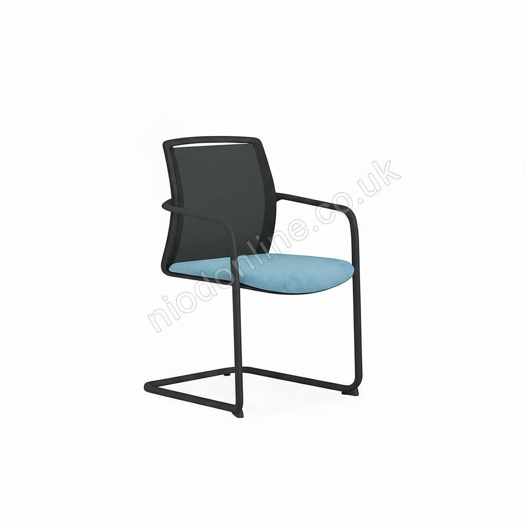 Black office chair with blue seat on a white background