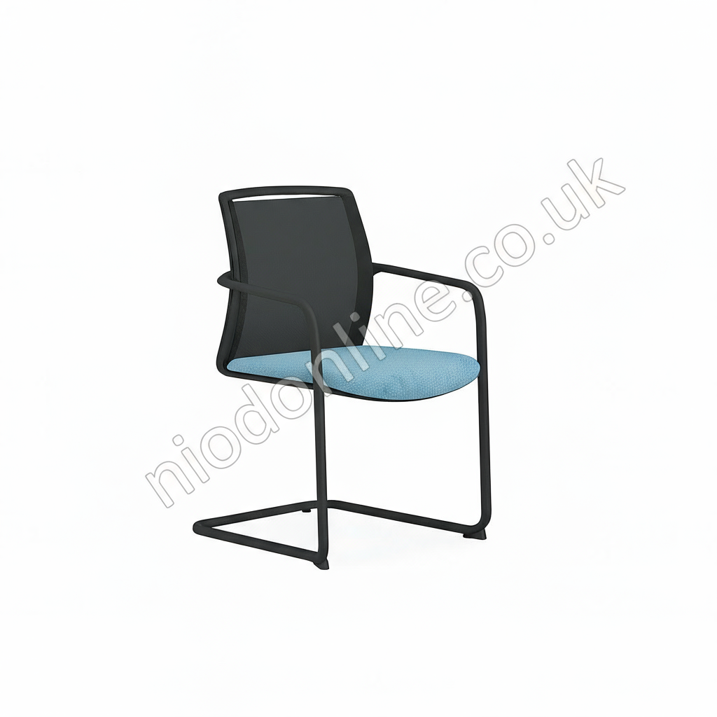 Chair with black frame and blue seat on a white background