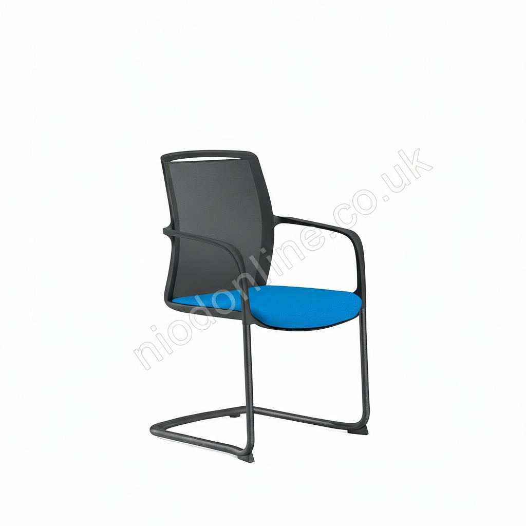 Chair with black mesh back and blue seat on a white background