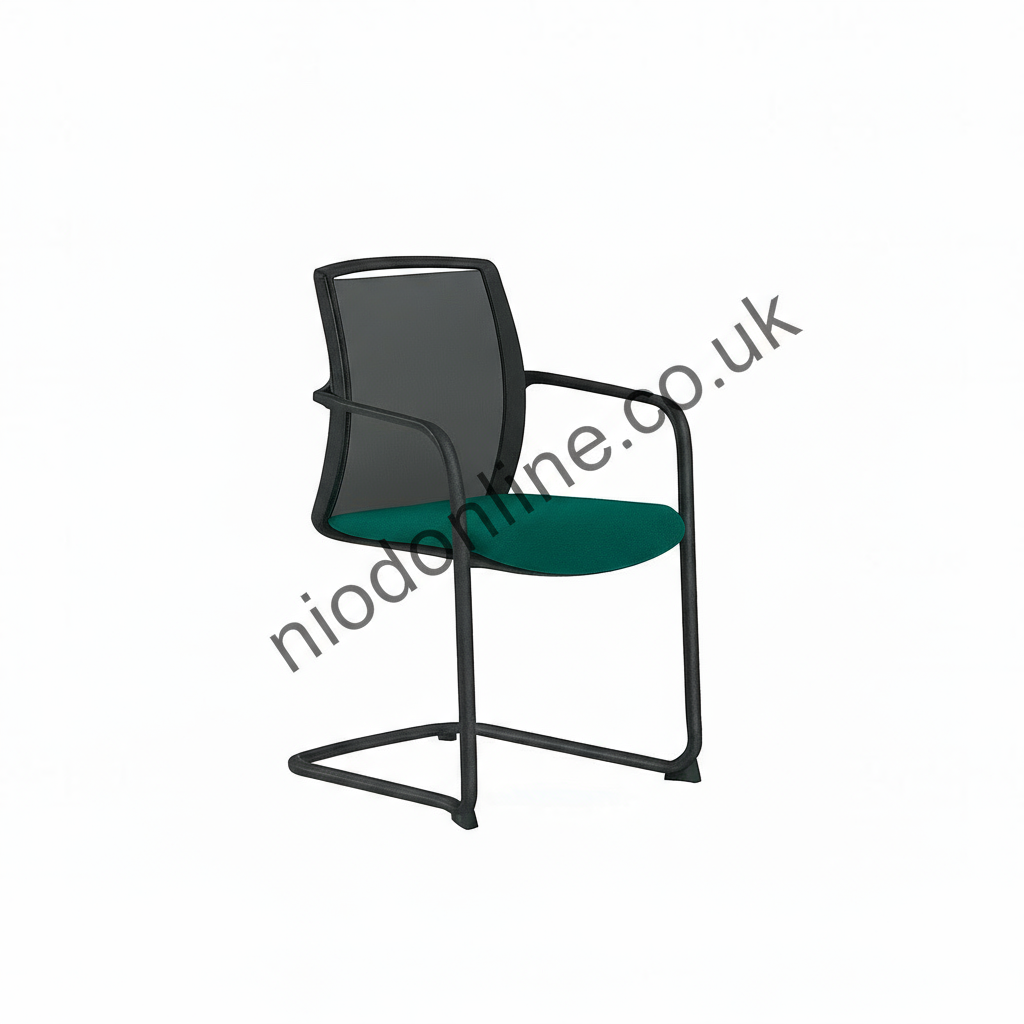 Chair with black frame and teal seat on a white background